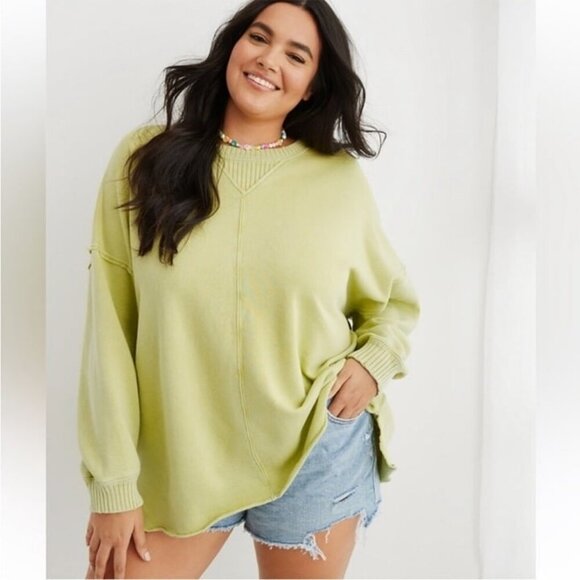 Aerie Down To Earth Bright Green Oversized Crewneck Sweatshirt Women’s Large - Picture 2 of 8